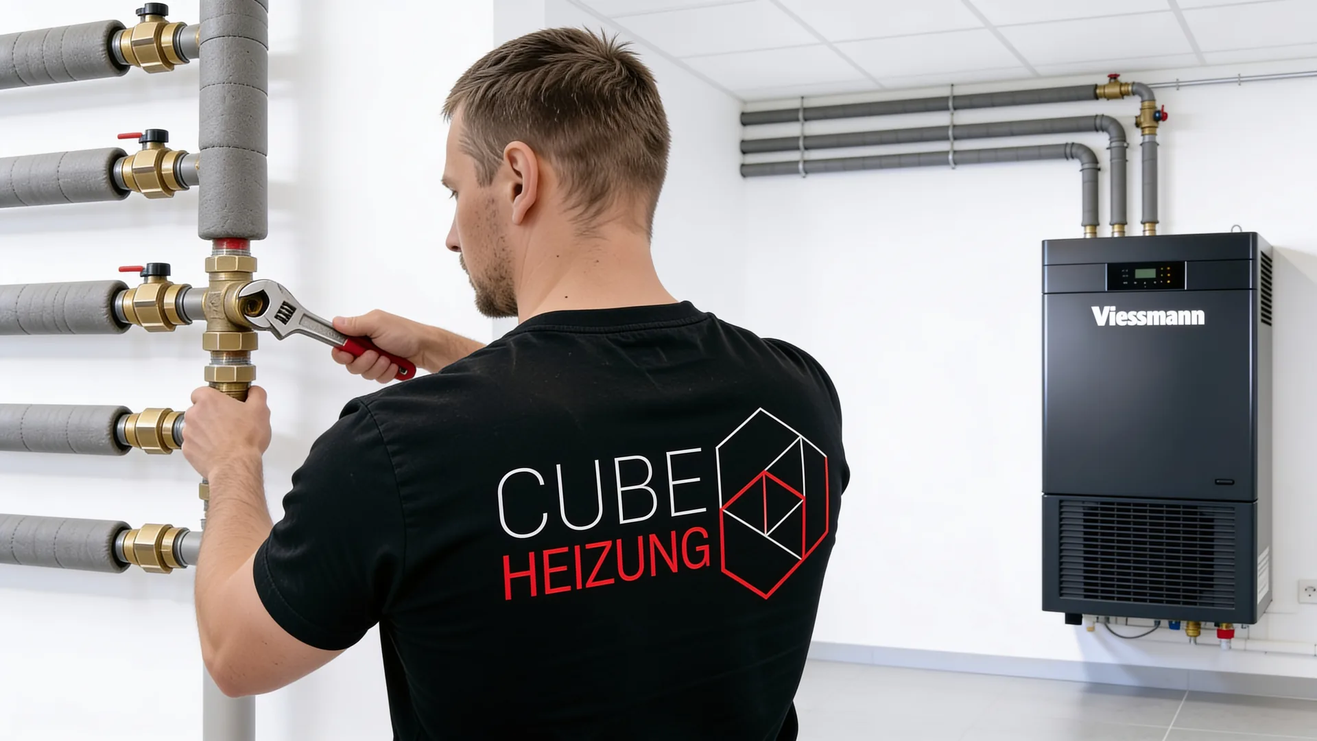 CUBE Heizung Monteur installiert Viessmann Waermepumpe