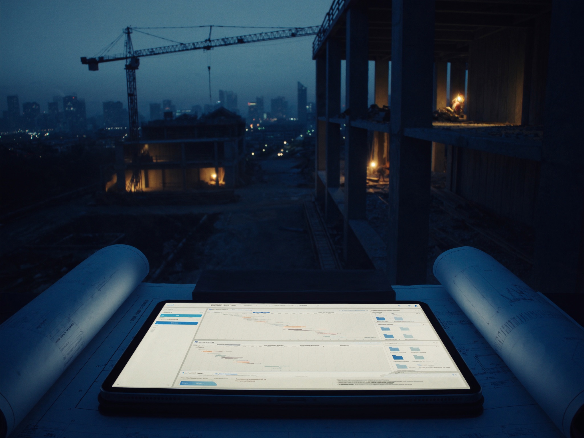 Baustelle bei Dämmerung mit digitalem Projekt-Dashboard
