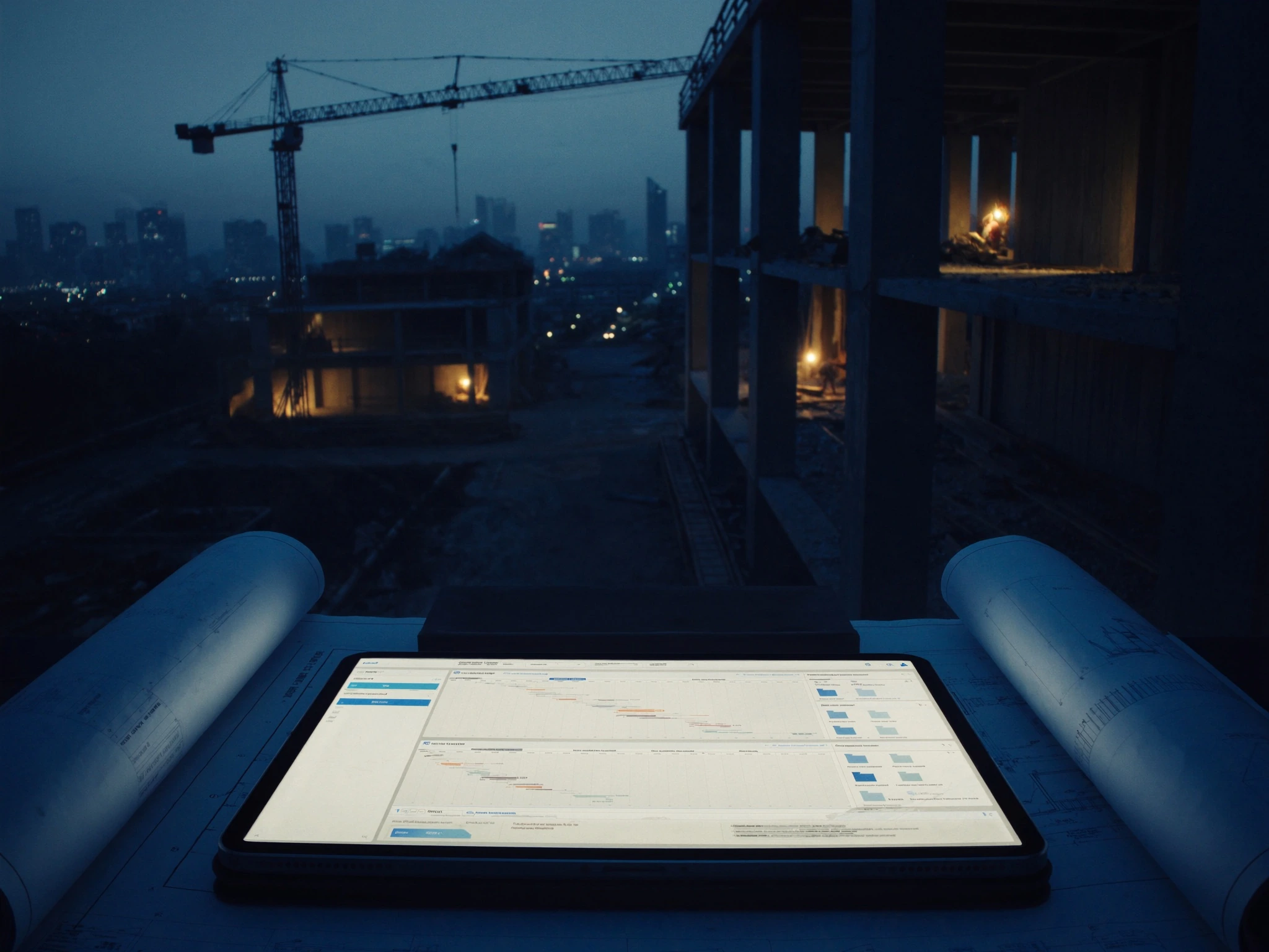 Baustelle bei Dämmerung mit digitalem Projekt-Dashboard